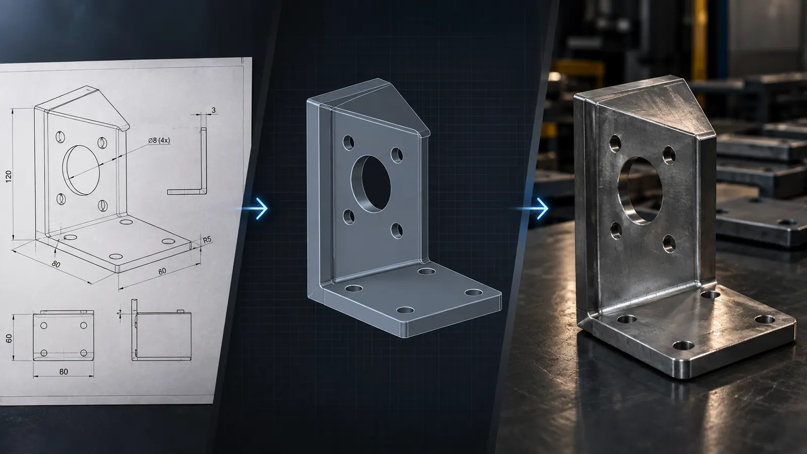 Sequência de esboço à mão, modelo em CAD e peça metálica fabricada