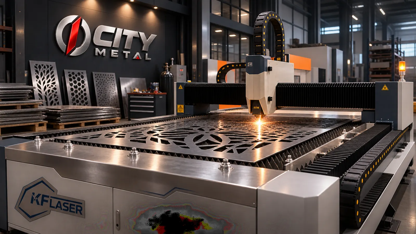 Máquina de corte a laser em operação com a marca City Metal na parede