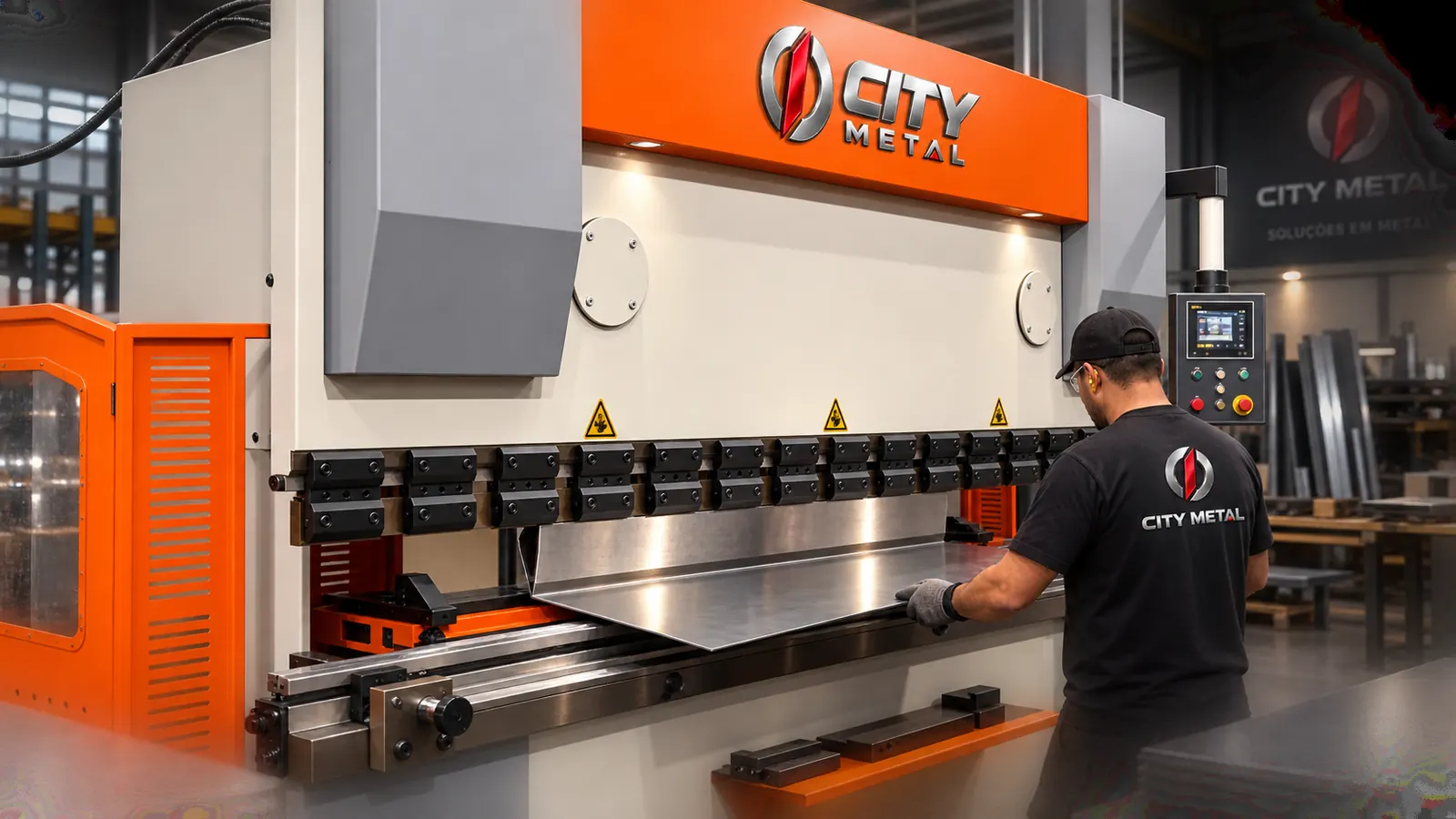 Operador trabalhando em dobradeira CNC